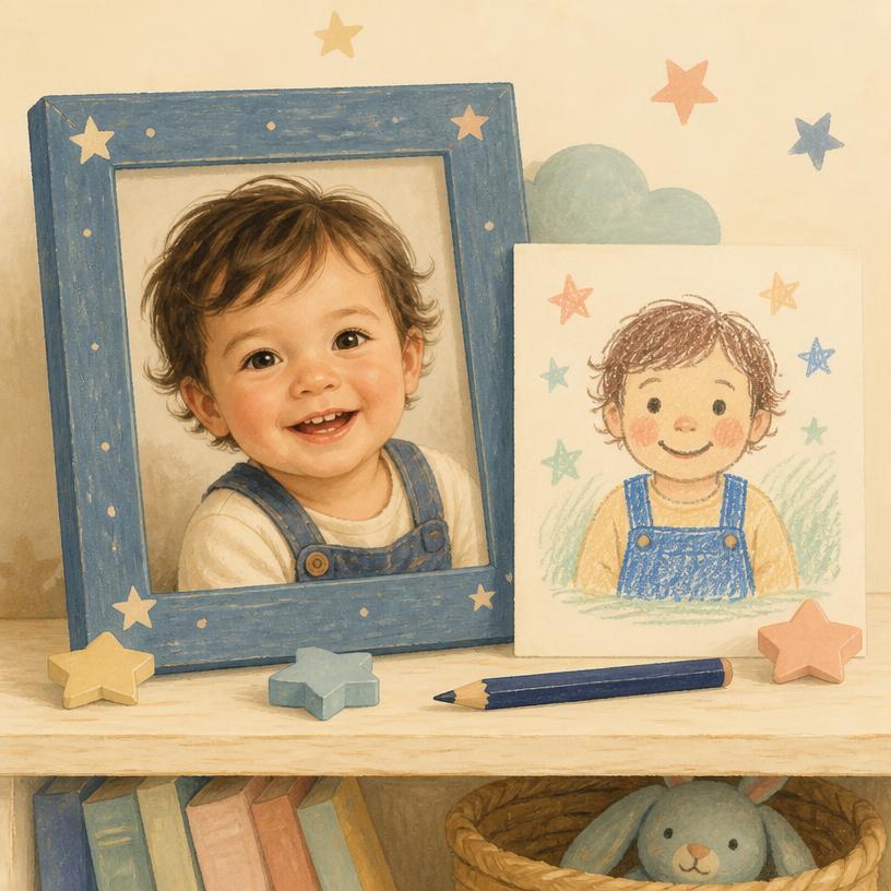 A crayon drawing of a smiling toddler beside their name written in big letters